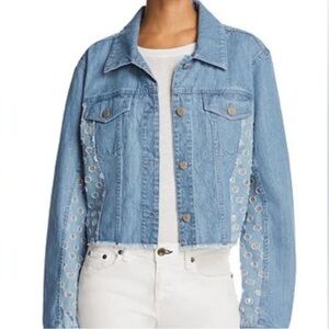 J Brand Women S Ambitious Mesh Polka Dot Detail Cyra Cropped Denim Jacket NWT